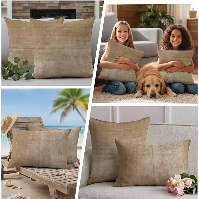Vandarllin Outdoor Throw Pillows Covers 16x16 inch Set of 2 Waterproof Beige Linen Decorative Zippered Cushion Covers for Patio Furniture, Solid Color Texture Lumbar Pillowcases
