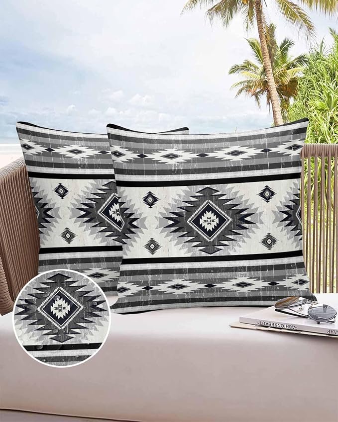 Outdoor Waterproof Throw Pillow Covers Set of 2 Gray Boho Aztec Pillowcases 16x16 Inches Southwest Tribal Geometric Patio Decorative Pillows Cushion Case Patio Pillows for Couch Bed Chair Garden