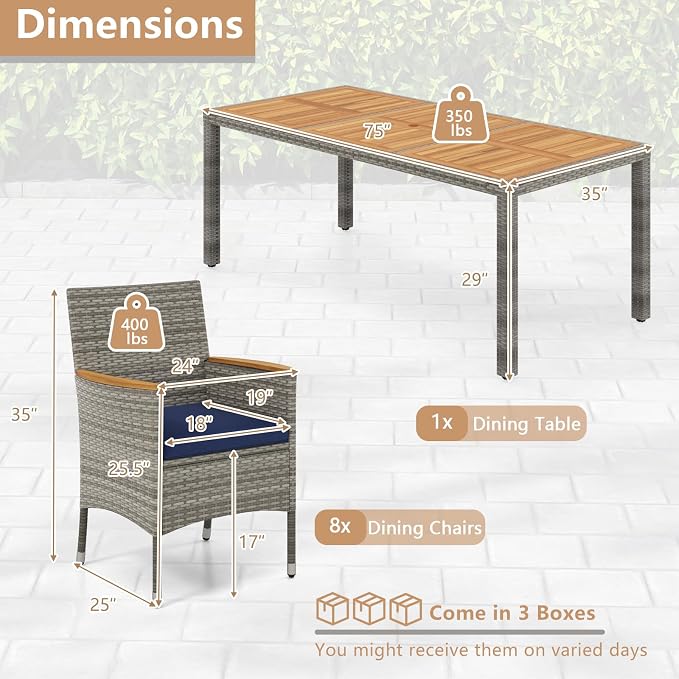 HAPPYGRILL 9 Pieces Patio Dining Set for 8, Outdoor Acacia Wood Table and Rattan Chairs with 2" Umbrella Hole, Cushions, Wicker Outdoor Dining Furniture Set for Backyard, Garden, Deck (Navy)