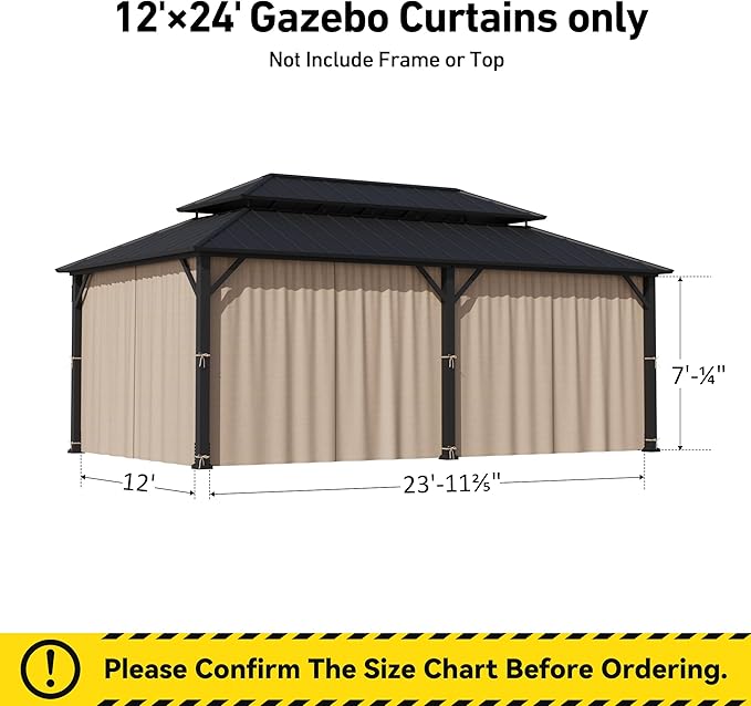 Covered Outdoor Gazebo Curtain Replacement Universal 6-Panel Sidewalls 12' x 24', Outdoor Gazebo Privacy Curtains with Zipper, Replacement for Outdoor, Patio Canopy, Garden and Backyard (Curtain Only)