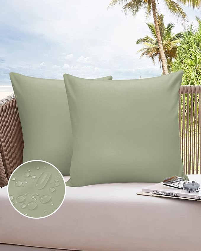 Outdoor Waterproof Pillow Covers for Patio Furniture Sage Green Decorative Throw Pillow Cover Spring Green Solid Color Pillowcases Set of 2 Cushion Case for Sofa Couch Chair Home Decor 18x18 inch