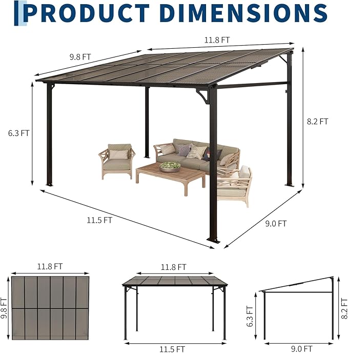 10x12 Ft Outdoor Lean to Gazebo, Wall Mounted Patio Hardtop Gazebo Pergola with Polycarbonate Roof, Upgraded Steel Frame Hardtop Pavilion for Patio, Garden, Lawn, Deck