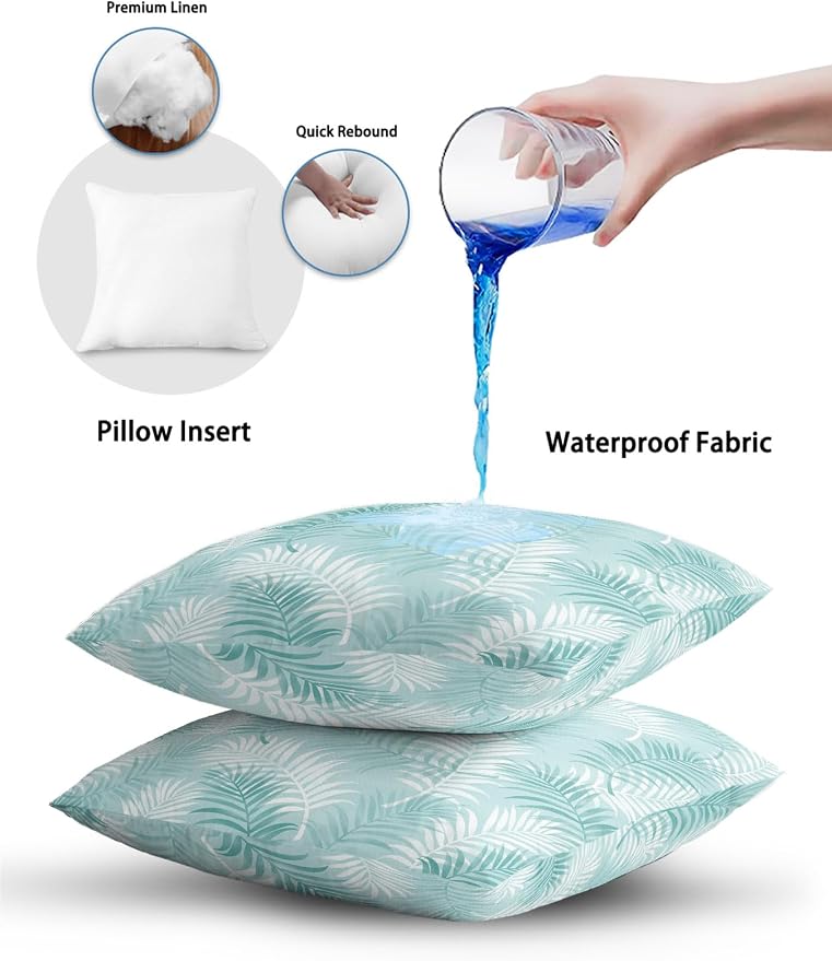 Waterproof Outdoor Pillow 1 Pack Aqua Tropical Palm Leaves Decorative Throw Pillows Cover & Insert 16x16 Inch Pillowcase Summer Jungle Foliage Pillows for Couch Sofa Bed Patio Furniture Indoor Outdoor