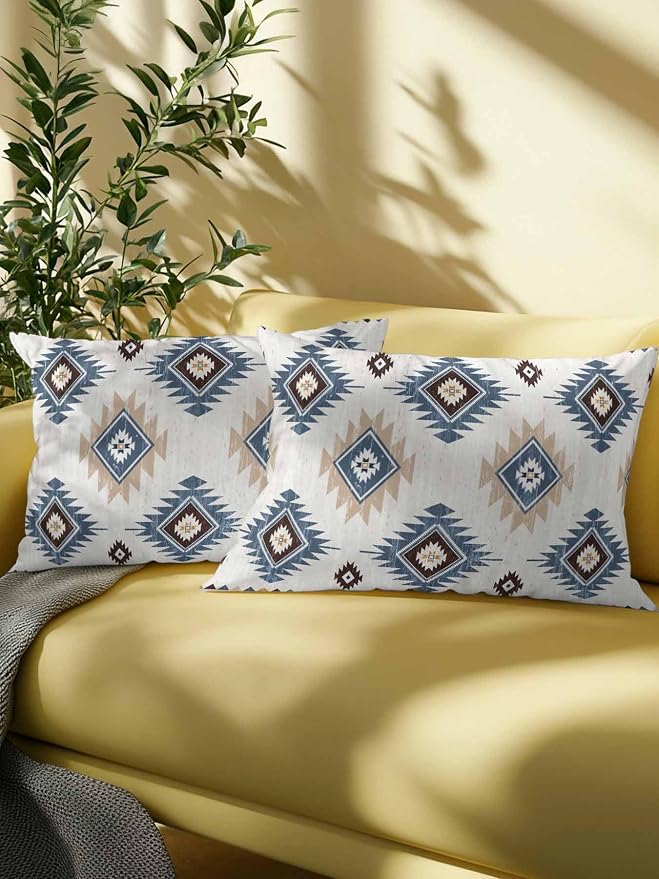 Waterproof Outdoor Pillow Set of 2 Blue Boho Aztec Decorative Throw Pillows Cover & Insert 20x12 Inch Lumbar Pillowcase Southwest Tribal Style Pillows for Couch Sofa Bed Patio Furniture Indoor Outdoor