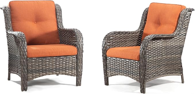 4 Pieces Outdoor Patio Furniture Set Wicker Chairs Set of 2 with Two Ottomans for Backyard, Porch, Balcony(Mixed Grey/Orange)