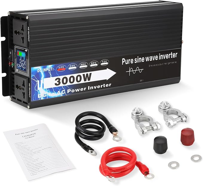 NIHAO 3000W Power Inverters DC 12V to 110V AC Converter with LCD Display, 2 International Socket and Battery Clips for Home, RV, Outdoor, Camping, Boat, Black