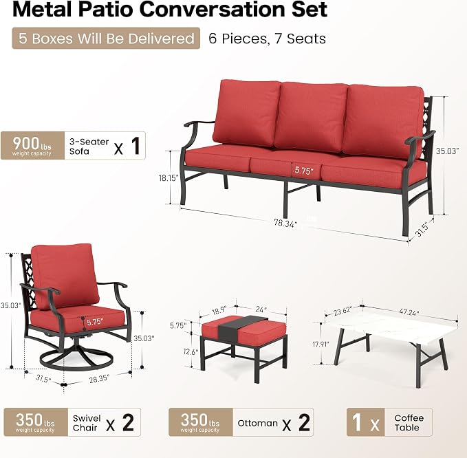 SUNSHINE VALLEY 6 Piece Metal Outdoor Patio Furniture Set, Patio Conversation Sets 1 3-Seater Sofa, 2 Swivel Chair, 2 Ottomans with 5.75" Thick Cushion and Coffee Table, Black Backyard Furniture, Red