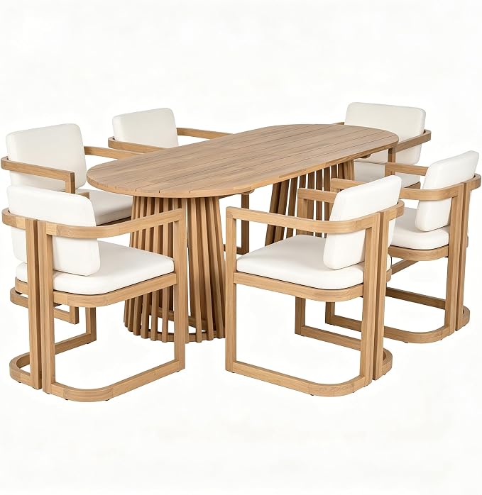Christopher Knight Home Evana Acacia Wood Dining Table Set for 6, Solid Wood Outdoor Dining Set for 6, Modern Oval Patio Dining Table and Chair Set with Cushions, Brown + Light Teak + Beige