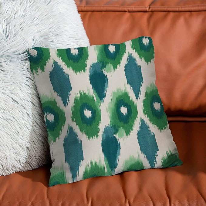 Green and Aqua Bukhara Ikat Pillowcase Peacock Strip Print Throw Pillow Cover Retro Throw Pillow Covers Farmhouse Decorative for Patio Couch Sofa 24x24 in
