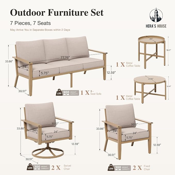 HERA'S HOUSE Patio Furniture Set 5-Piece, Metal Outdoor Conversation Set with Wood Grain Finish, 2 x Swivel Chair, 1 x 3-Seat Sofa, 2 x Multi-Functional Coffee Table for Garden Deck Backyard