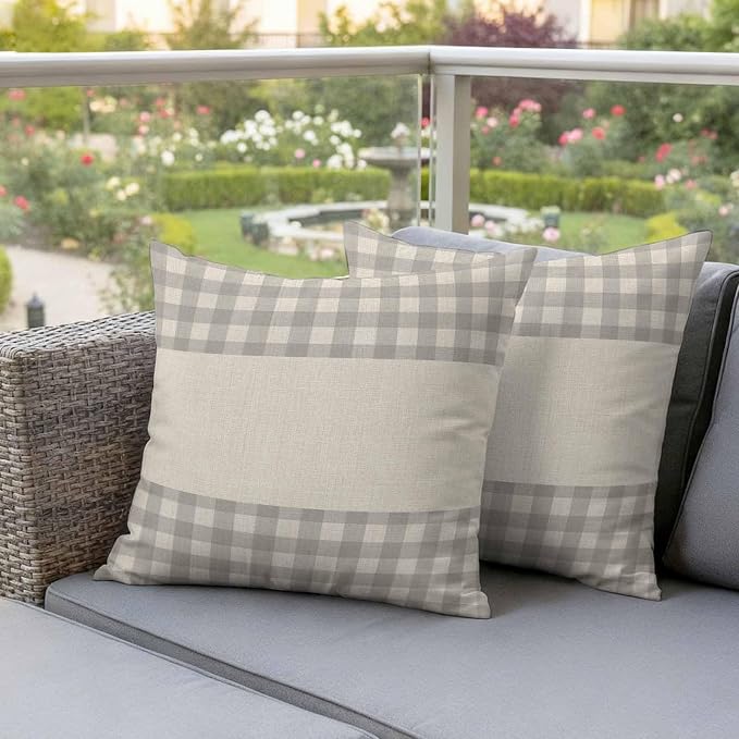 Retro Grey Outdoor Waterproof Pillow Covers, Farmhouse Buffalo Plaid Vintage Beige Decorative Square Throw Pillowcase Sofa Cushion Sham for Patio/Couch/Chair, 24"x24" 2 Pack