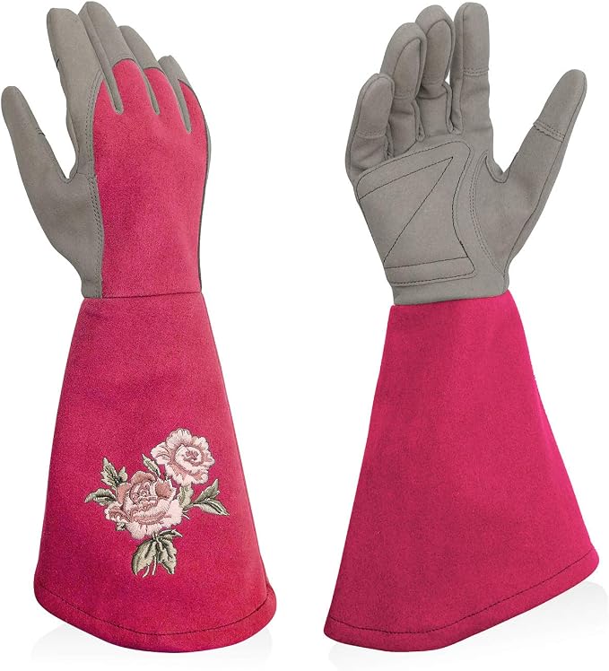 Rose Pruning Gloves with Forearm Protection, Thorn Resistant | Embroidery Design with Extra Long Cuff for Gardening and Pruning Tasks