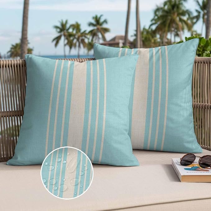Throw Pillow Covers 18x18 Inch Set of 2, Aqua Beige Striped Waterproof Outdoor Cushion Covers, Modern Farmhouse Retro Lines Decorative Pillowcases for Couch, Sofa, Bed, Garden, Patio