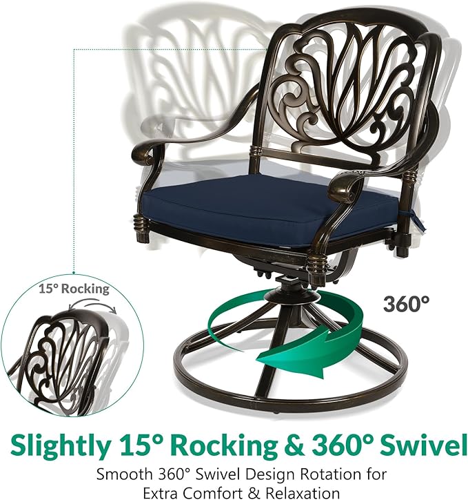 VIVIJASON 9-Piece Outdoor Dining Set, Cast Aluminum Retro Patio Furniture Table and Chairs Set for 8, Include 94.5" Rectangular Table and 8 Swivel Rocker Chairs with Umbrella Hole, Navy Blue Cushion