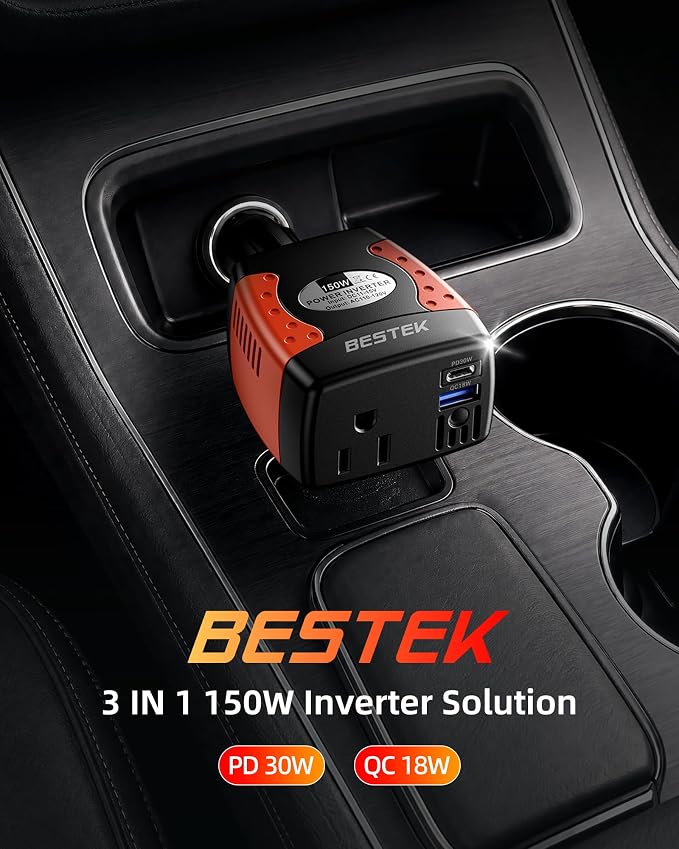BESTEK 150W Power Inverter 12V to 110V Voltage Converter Car Charger Power Adapter with PD30W QC18W Dual USB Charging Ports