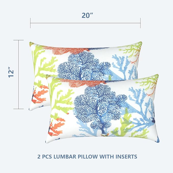 LVTXIII 12×20 Inch Outdoor Lumbar Pillows, Pack of 2 Water Repellent Lumbar Pillow with Inserts, Fluffy Decorative Garden Lumbar Cushions for Home Patio Coach Sofa Use, Coral Multi