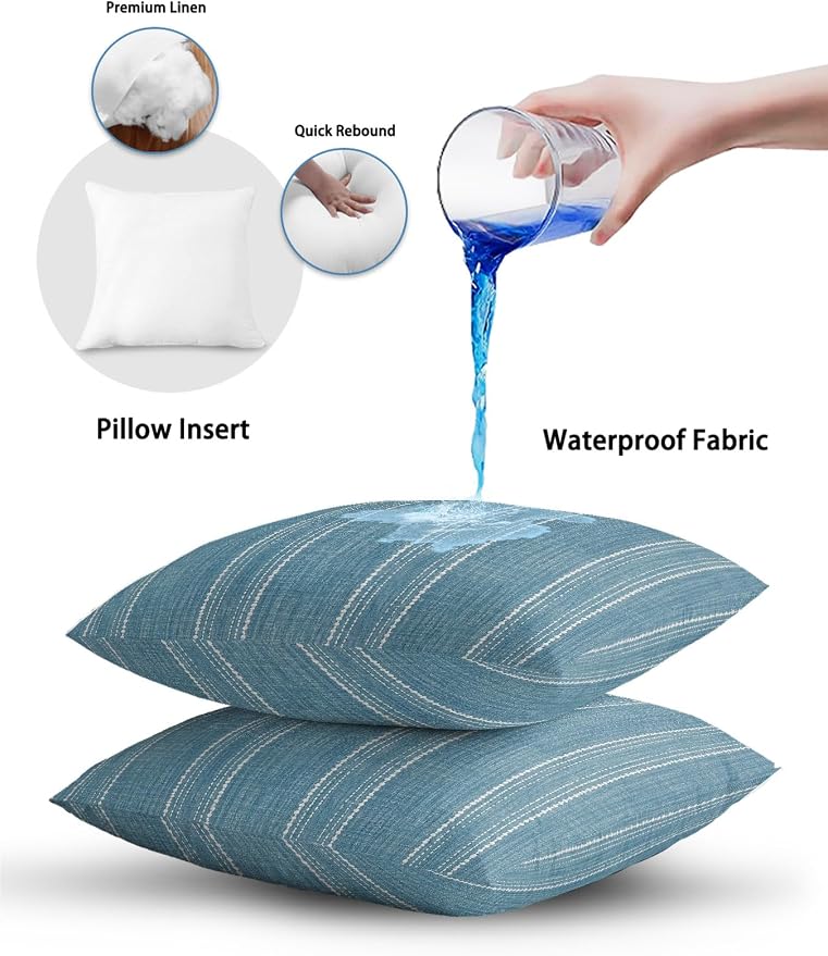 Waterproof Outdoor Pillow 1 Pack Coastal Blue Linen Stripes Decorative Throw Pillows Cover & Insert 20x12 Inch Lumbar Pillowcase Parallel Vertical Lines Pillows for Couch Sofa Bed Patio Furniture