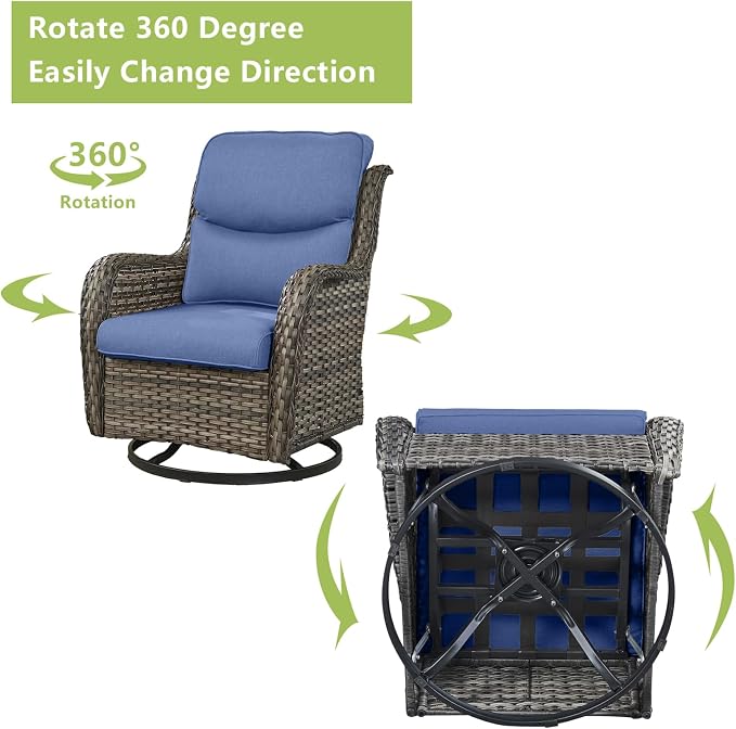 Rilyson Wicker Patio Furniture Set - 5 Piece Rattan Outdoor Sectional Conversation Sets with 2 Swivel Rocking Chairs,2 Ottomans and 1 Side Table for Porch Deck Garden(Mixed Grey/Blue/Smile)