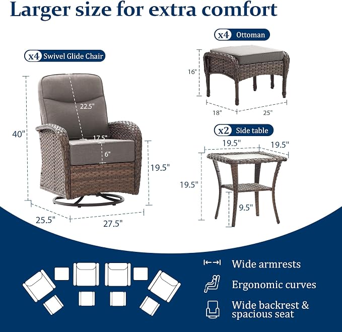Outdoor Swivel Rocking Chair Patio Set (10pcs) High-Back - Thick Cushion Swivel Rocking Chair Patio Chairs Set, All-Weather Wicker Patio Furniture Set, Suitable for Balcony Patios, Brown/Gery