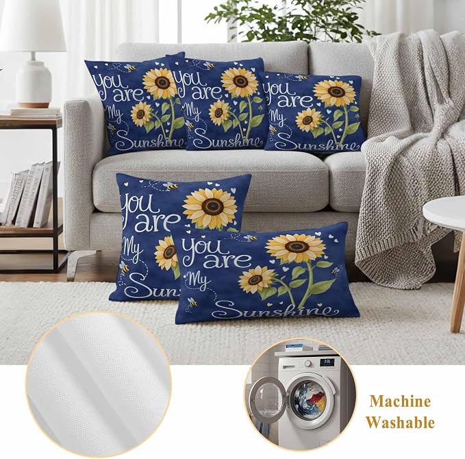 Outdoor Pillow Covers You are My Sunshine Words Decorative Throw Pillow Covers, Farm Sunflowers Bee on Blue Throw Cushion Case with Zipper for Patio,Couch,Sofa,Garden 16x16in Set of 2
