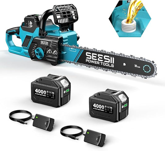 SEESII 40V 16-Inch Cordless Chainsaw: Brushless Electric Chain Saws with 2×4.0Ah Batteries & Charger, Tool-Free Chain Tension, Auto Oiling, for Tree Trimming, Wood Cutting, Yard Work