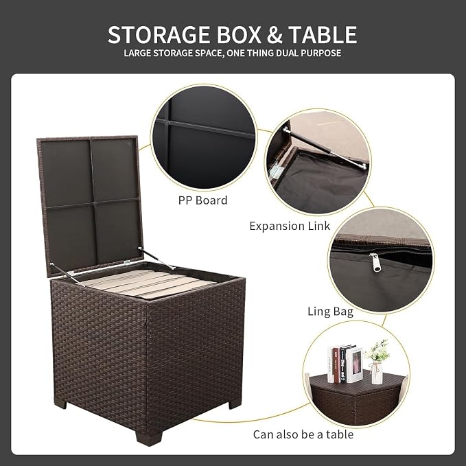 4-Piece Outdoor Patio Furniture Set with Dark Brown PE Wicker Rattan Sectional Loveseat Couch, Conversation Sofa with Storage Box, Glass Top Table, and Non-Slip Grey Cushions for Backyard Garden Loung