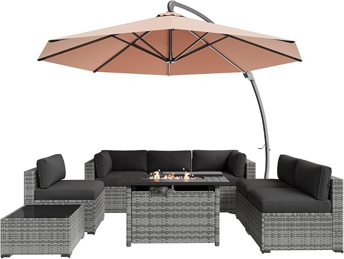 Aoxun Patio Furniture Sets, 9-Piece Outdoor Patio Furniture with 44'' Propane Gas Firepit Table and 11FT X 11FT Cantilever Umbrella, Wicker Outdoor Conversation Set for Backyard