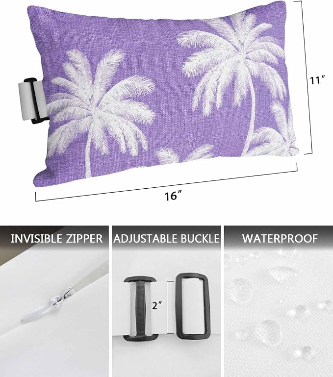 Pack of 2 Outdoor Lumbar Pillow Covers 11x16 Inch, Purple Palm Trees Waterproof Throw Pillow Covers Set, Farmhouse Tropical Summer Beach Indoor&Outdoor Decorative Cushion Cases for Patio Porch Car