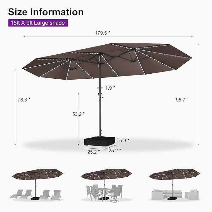 PURPLE LEAF 15ft Double-Sided Patio Umbrella with Base and Solar Lights Outdoor Market Umbrella with Crank Handle Rectangle Umbrella for Backyard Pool Garden Deck, Taupe