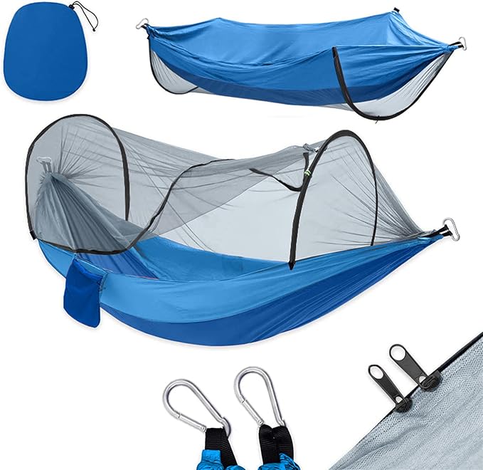 Camping Hammock with Net, Light and Durable Hammock for 2 People with Tree Strap and Carabiner Portable Pop Up Hammock for Outdoor Hiking