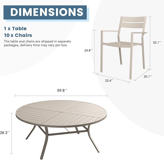 DIFY 11 Piece Outdoor Patio Dining Set for 10, 59.8" Round Dining Table with Umbrella Hole and Stackable Metal Chairs, Patio Table and Chairs Set for Backyard Garden Poolside, Sandshell
