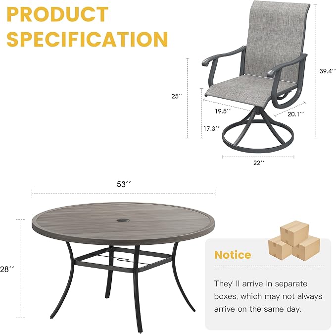 VICLLAX Patio Dining Set for 8, 9 Pieces Outdoor Furniture Includes 60" Round Patio Table with Umbrella Hole and 8 Outdoor Swivel Chairs for Lawn Garden, Grey Wood Grain Tabletop and Grey Fabric