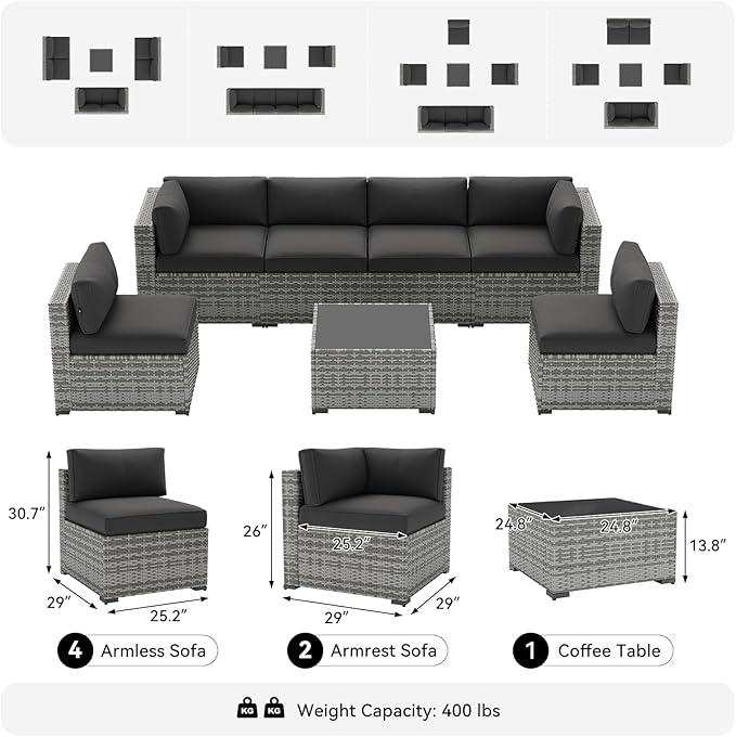 LazySunsets 7-Piece Patio Furniture Set, Wicker Rattan Outdoor Furniture with Thick Cushions, Patio Conversation Sets with Coffee Table, Outdoor Sectional Couch Sofa, Black