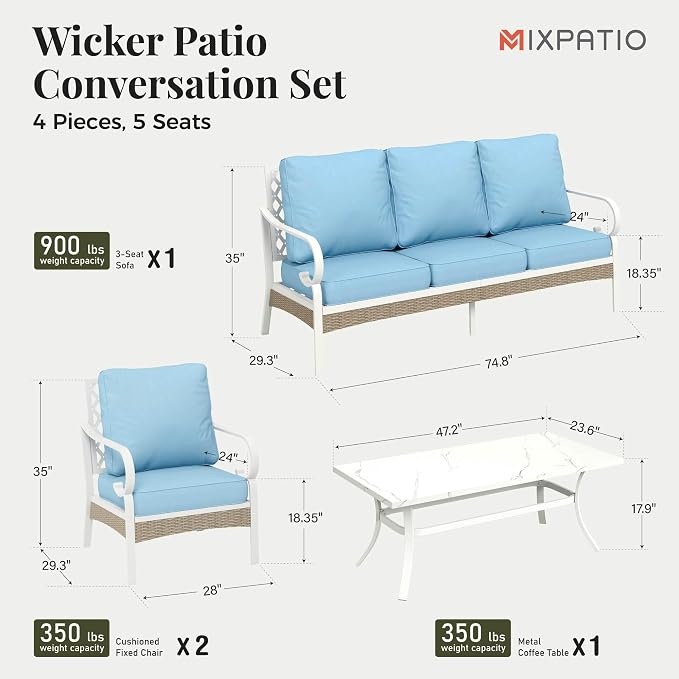4 Piece Metal Patio Furniture Set, 5-Seat All Weather Outdoor Conversation Set with 3-Seat Sofa & 2 Fixed Chairs & 47'' Coffee Table, Outdoor Furniture Set for Backyard, Deck, Garden, White/Blue