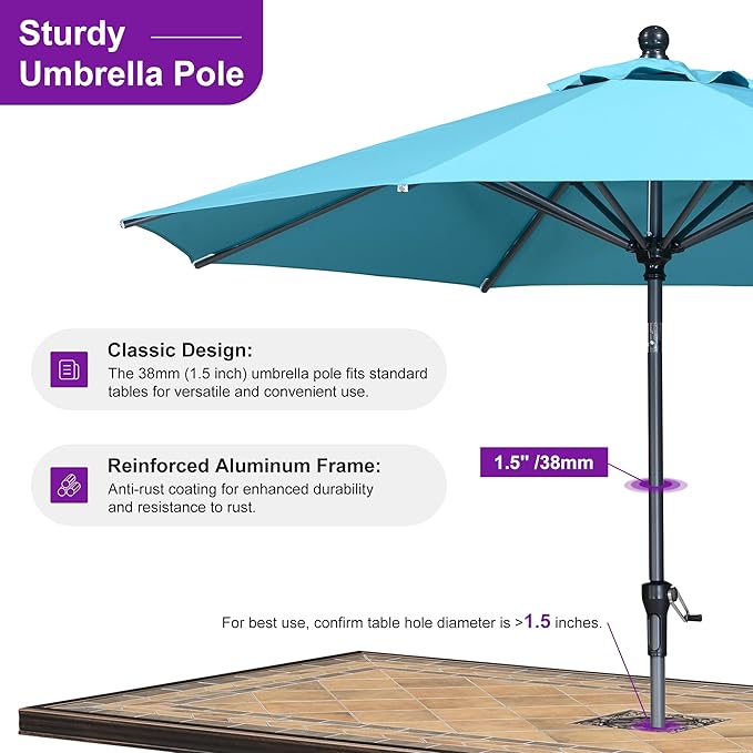 PURPLE LEAF 9' Round Patio Market Umbrella with Base Outdoor Table Umbrellas Aluminum Frame Sun Shade with 8 Sturdy Ribs Tilt for Garden Deck Lawn Pool Turquoise Blue