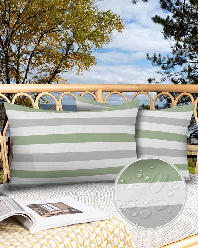 Outdoor Waterproof Throw Pillow Covers 20x12Inch, Spring Stripes Sage Green Cushions for Garden Patio Furniture Chairs Set of 2, Grey Home Decor Couch Sofa Polyester Pillow Cases
