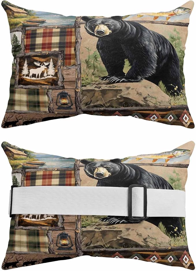 Pack of 2 Outdoor Lumbar Cushions Pillows, Vintage Forest Black Bear Classic Checkered Wood Grain Waterproof Fluffy Fade Body Pillows, Patio Furniture Pillow for Home Balcony Garden Decor 12x20IN