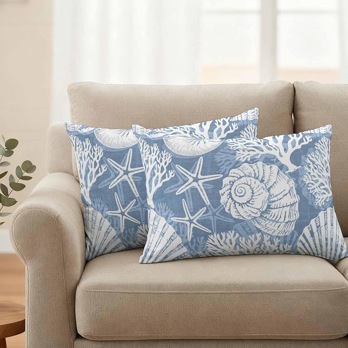 Lumbar Pillow Covers 20x12 Inch Set of 2, Lake Blue Starfish Coastal Waterproof Outdoor Pillow Covers, Summer Coral Shell Beach Nautical Decorative Cushion Pillowcases for Couch Sofa Bed Garden Patio