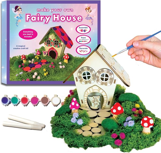 Fairy House Craft Kit for Kids, DIY Wooden Fairy Garden Kit with Paints & Decorations, Arts & Crafts for Kids, Creative Activity, Birthday Gift for Girls Ages 5 6 7 8–12