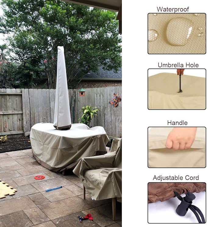 Patio Table Chair Set Cover with Umbrella Hole Water-Resistant Outdoor Furniture Cover Rectangular / Oval Veranda Garden Table Covers (108x82x23in)