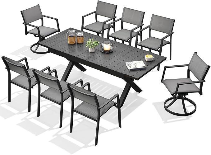 9 Pieces Expandable Outdoor Dining Table Set, Never-Rust Aluminum Patio Dining Set with 2 Swivel Chairs, Expandable Dining Table and 6 Stackable Textilene Chairs for Deck, Poolside, Black