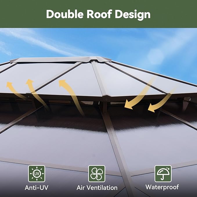10’x10’ Hardtop Gazebo with Double Polycarbonate Roof Outdoor Metal Gazebo Sturdy Aluminum Frame & Removable Curtains, Netting Permanent Pavilion Pergola for Garden,Patio,Lawn (Brown)