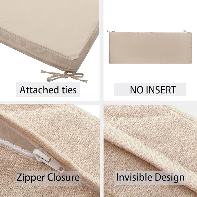 FUNHOME Outdoor Bench Cushion Cover 42 x18 x 3 inch,Water Resistant Cover with Zipper&Ties,Fade-Resistant Slipcover,Patio Porch Swing Cushion Cover Replacement Only,No Insert(Antique Beige)