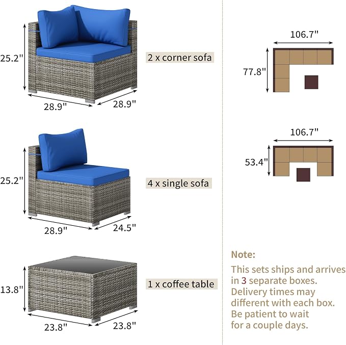 Tradare 7 Piece Patio Furniture Set, Outdoor Wicker Patio Sofa Set, PE Rattan Sectional Couch with Glass Table and Blue Cushions, All-Weather 7 Piece Outdoor Patio Furniture Sets, Grey