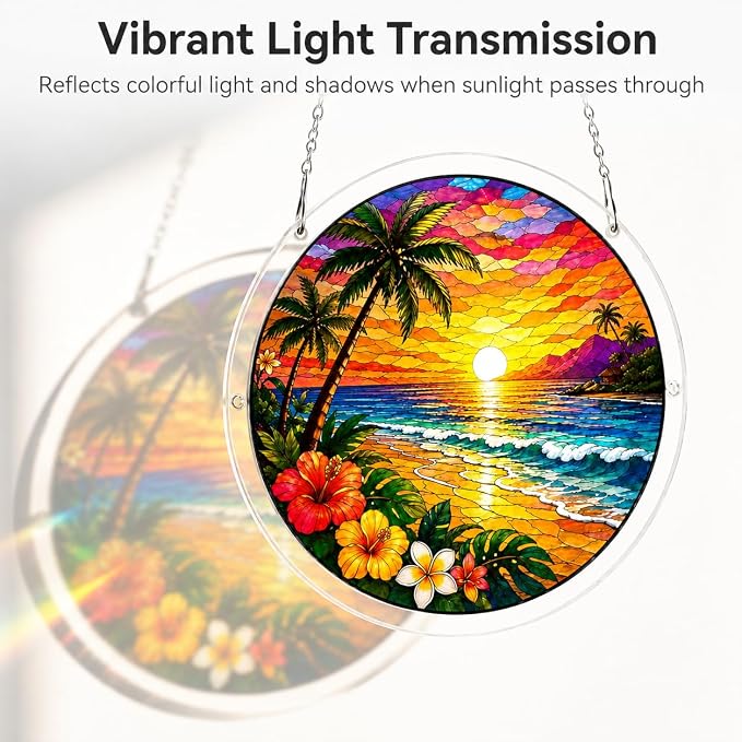 Acrylic Suncatcher Jigsaw Puzzle, Tropical Beach Sunset Stained Glass Style Sun Catcher Puzzle for Adults, Window Wall Hanging Decor, Palm Trees Ocean Wave DIY Craft Puzzles Gift Women