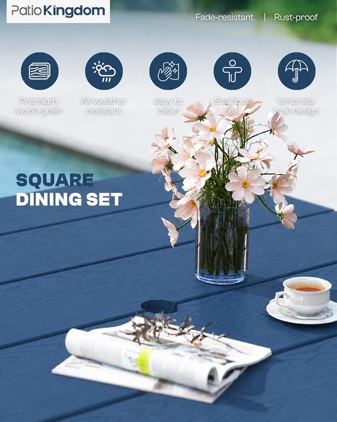 HDPE Outdoor Dining Set for 4 with 10FT Umbrella, Navy | All-Weather HDPE, Wood Grain Finish, 42.5" Square Table, Built-In Umbrella Hole, Seats 4, Patio & Poolside Ready