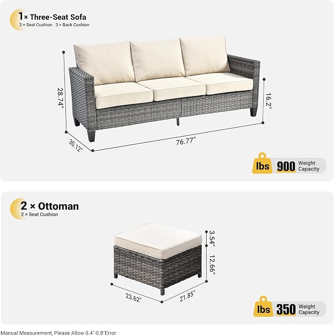ovios 3 Pieces Patio Furniture Set Outdoor Sofa with Ottomans, Wicker Rattan Couch with Footrests Comfy Cushions, All Weather Sofas Couches for Porch Backyard Garden, Beige