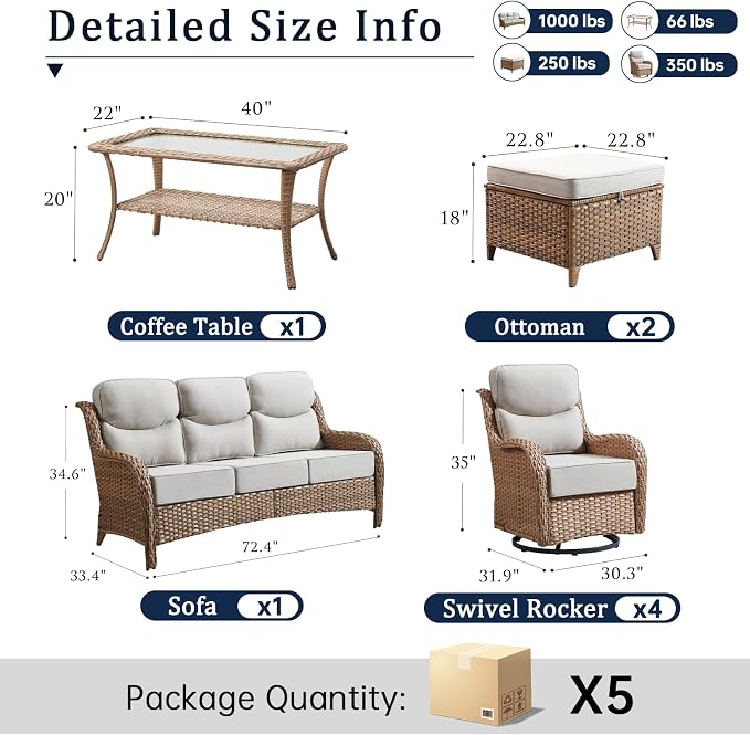 Luxury High Back Outdoor Furniture with 6-Inch Thick Cushions, Patio Furniture Set with Swivel Chairs, 8 PCS Wicker Conversation Set for Porch, Balcony, Deck and Yard