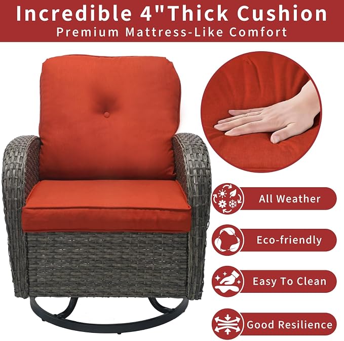3 Piece Outdoor Swivel Rocker Patio Chairs, All-Weather Rattan Chair, Wicker Glider Patio Furniture Set with Side Table, for Garden, Backyard, Deck, Gray Rattan & Red Cushions