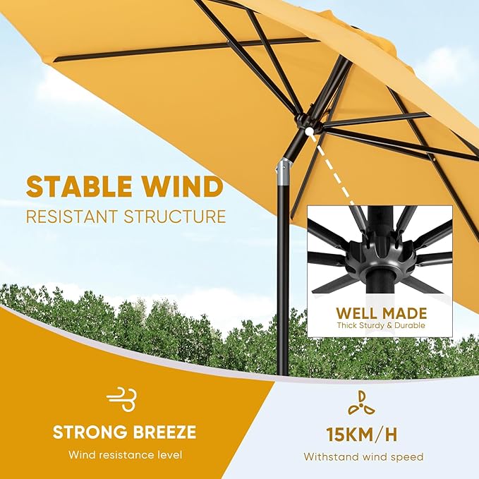 Tempera Patio Market Outdoor Table Umbrella with Auto Tilt and Crank, Large Sun Umbrella with Sturdy Pole & Fade Resistant Canopy, Easy to Set